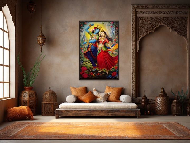 Framed canvas wall art of Lord Krishna and Radha dancing in a vibrant, colorful Indian style.