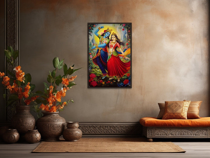 Lord Krishna and Radha dancing colorful Indian framed canvas wall art in a traditional room setting.