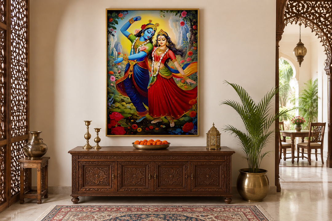 Lord Krishna and Radha dancing colorful framed canvas wall art in a traditional Indian living room.
