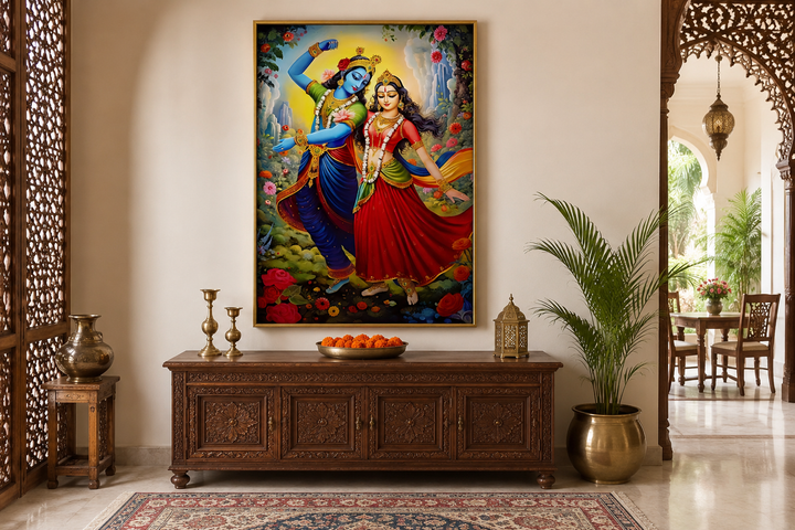Lord Krishna and Radha dancing colorful framed canvas wall art in a traditional Indian living room.