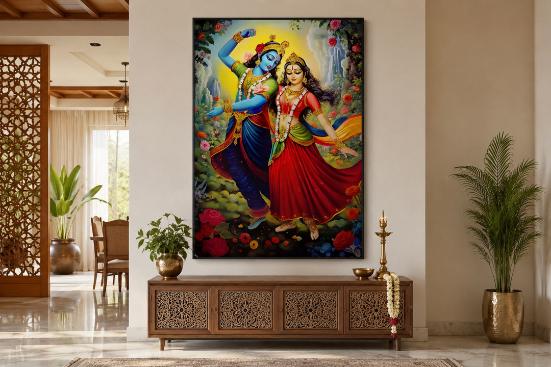 Colorful framed canvas wall art of Lord Krishna and Radha dancing, displayed above a wooden console.