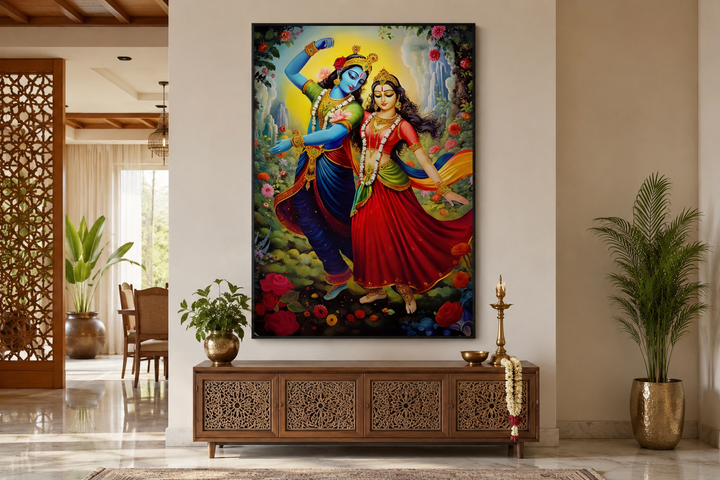 Colorful framed canvas wall art of Lord Krishna and Radha dancing, displayed above a wooden console.