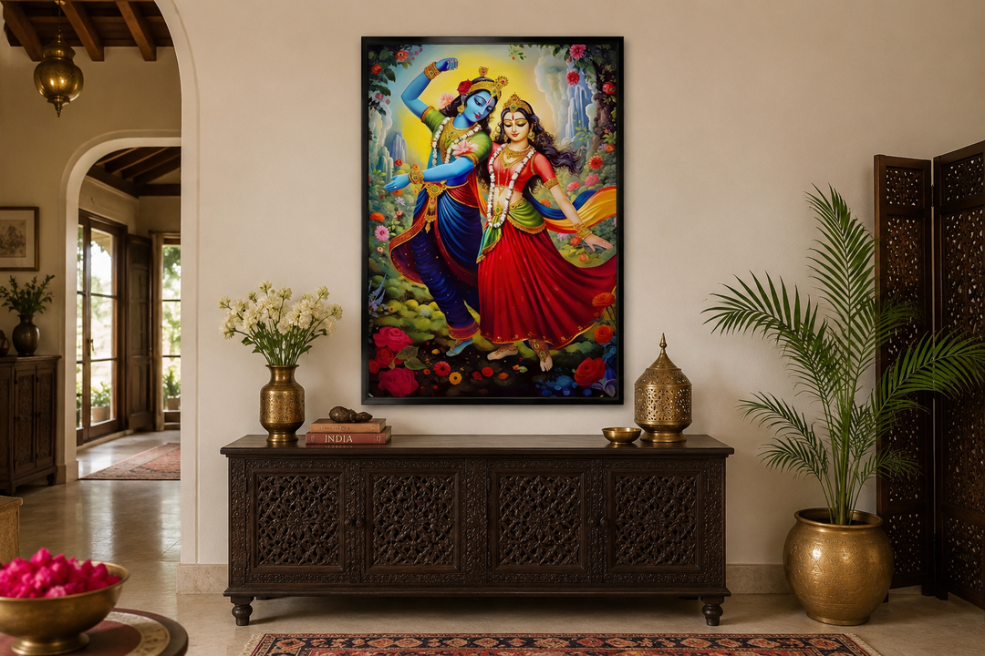 Lord Krishna and Radha dancing colorful Indian framed canvas wall art above a dark wood console.