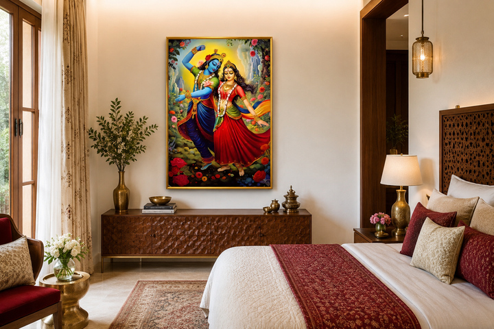 Lord Krishna and Radha dancing colorful Indian framed canvas wall art in a bedroom setting.