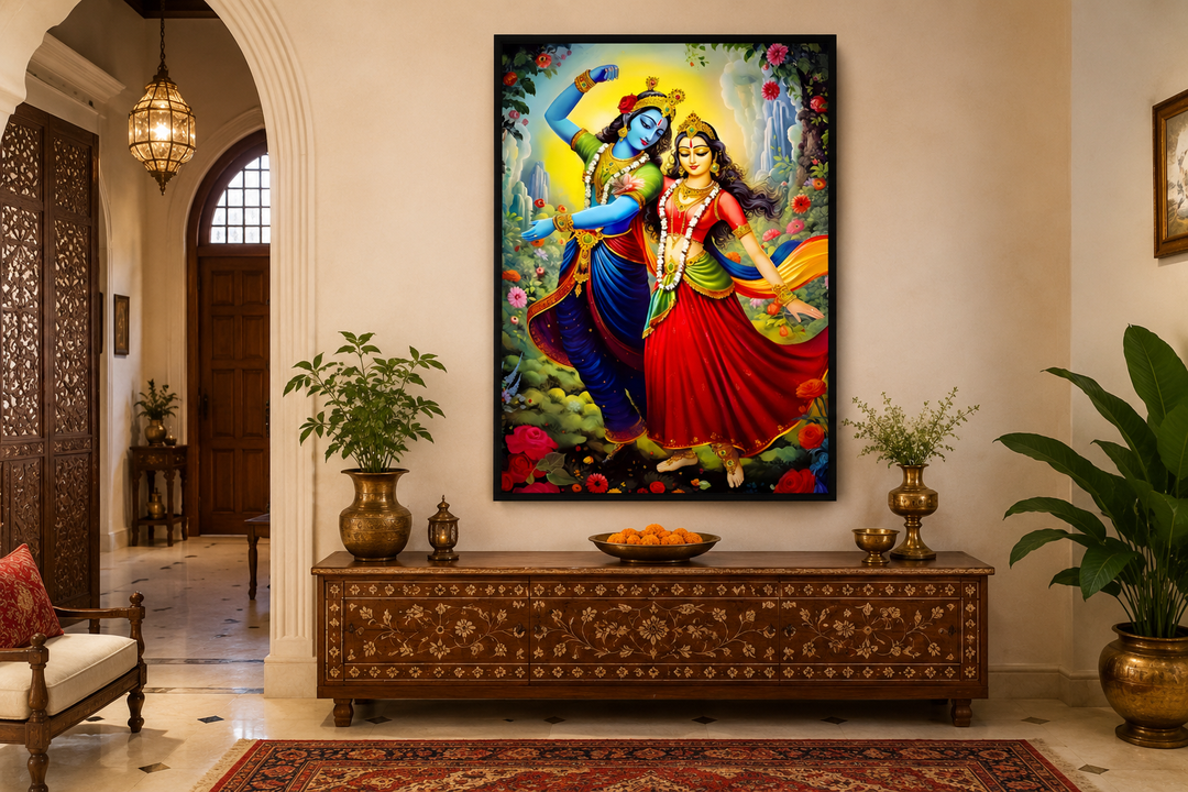 Lord Krishna and Radha dancing colorful Indian framed canvas wall art above a wooden console table.