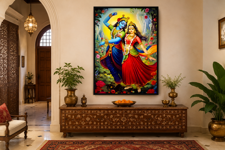 Lord Krishna and Radha dancing colorful Indian framed canvas wall art above a wooden console table.