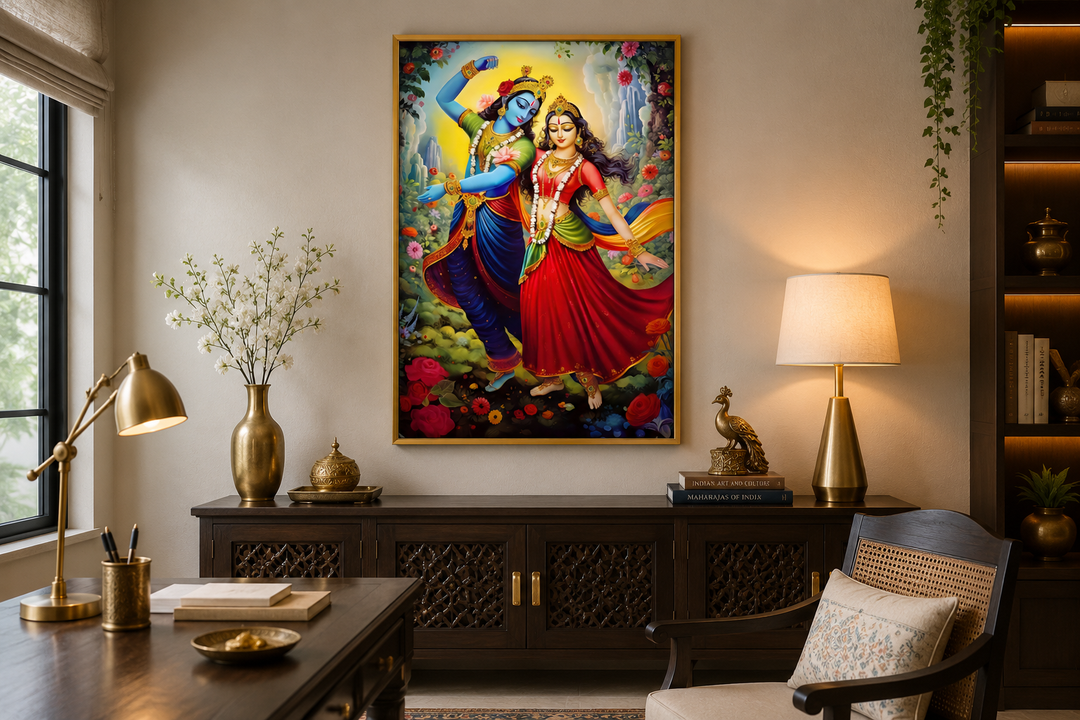 Colorful framed canvas wall art of Lord Krishna and Radha dancing in a vibrant garden setting.