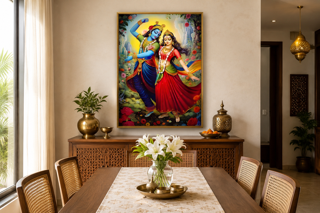 Framed canvas wall art of Lord Krishna and Radha dancing in a vibrant, colorful garden setting.