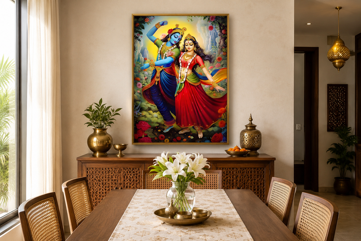Framed canvas wall art of Lord Krishna and Radha dancing in a vibrant, colorful garden setting.