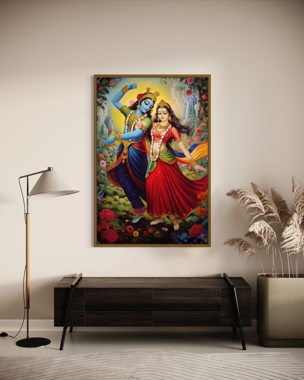 Lord Krishna And Radha Dancing Colorful Indian Wall Art "Divine Rhapsody"  in modern room