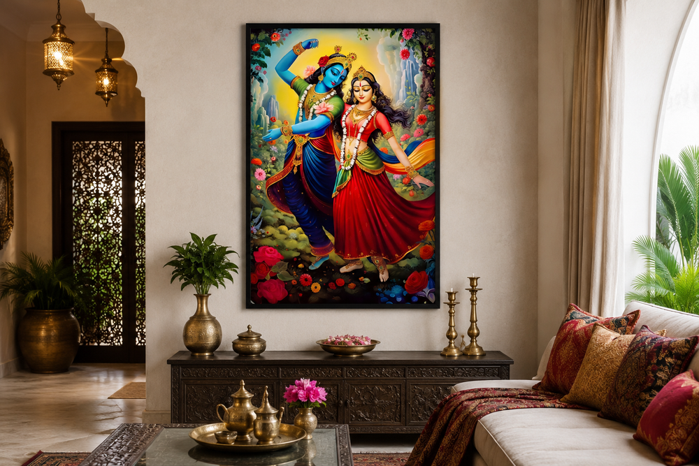 Lord Krishna and Radha dancing colorful framed canvas wall art in a traditional living room.