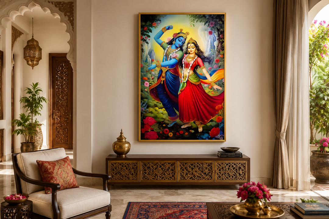 Framed canvas wall art of Lord Krishna and Radha dancing in a vibrant, colorful garden setting.