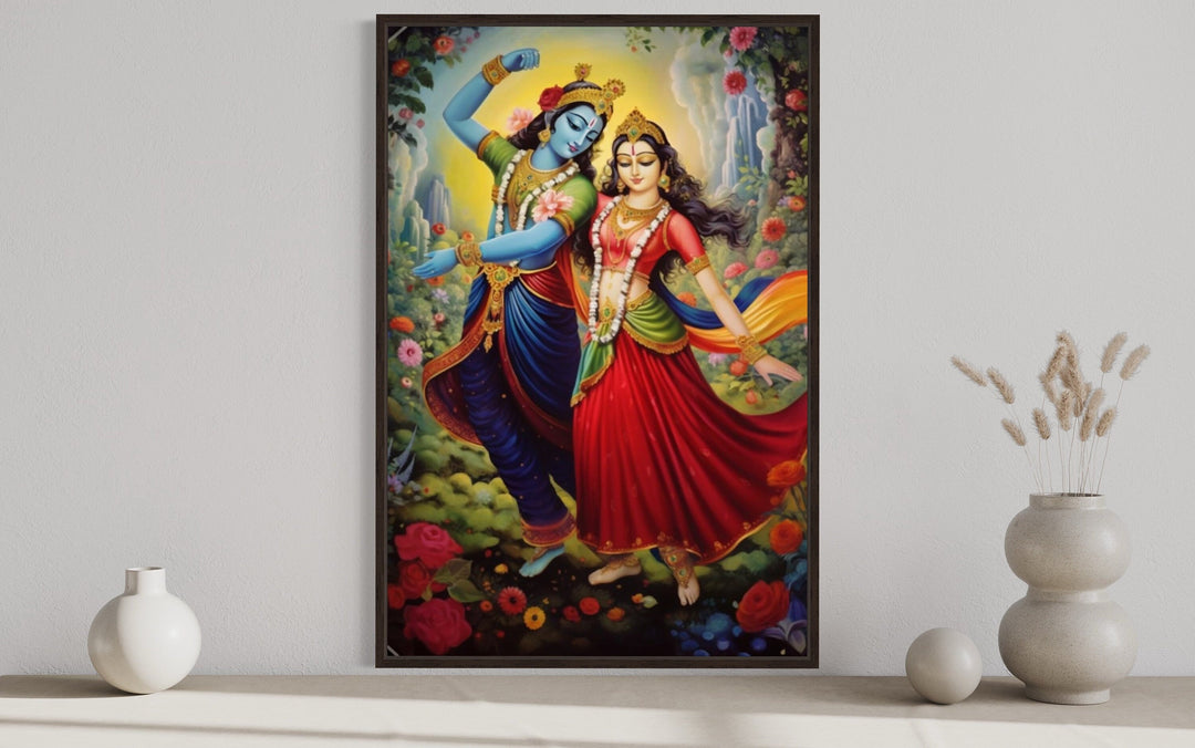 Lord Krishna And Radha Dancing Colorful Indian Framed Canvas Wall Art