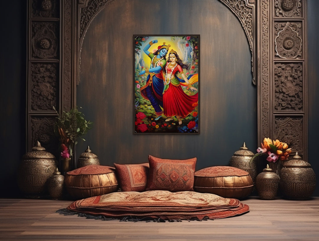 Lord Krishna And Radha Dancing Colorful Indian Wall Art "Divine Rhapsody"  in indian room