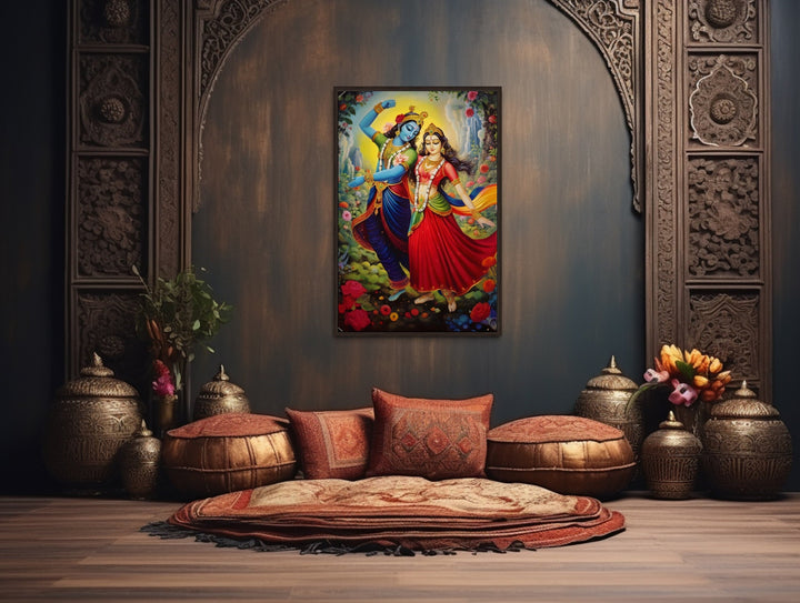 Lord Krishna And Radha Dancing Colorful Indian Framed Canvas Wall Art