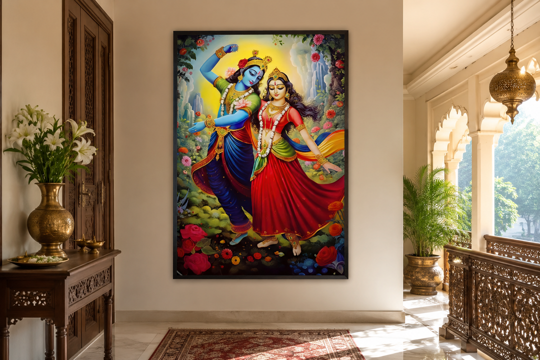 Framed canvas wall art of Lord Krishna and Radha dancing in a vibrant, colorful garden setting.