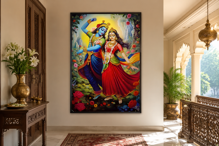 Framed canvas wall art of Lord Krishna and Radha dancing in a vibrant, colorful garden setting.