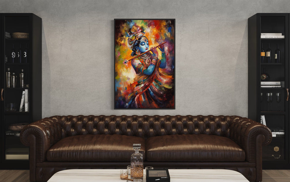 Indian Wall Art - Lord Krishna Playing Flute Colorful Painting Indian Framed Canvas Wall Art