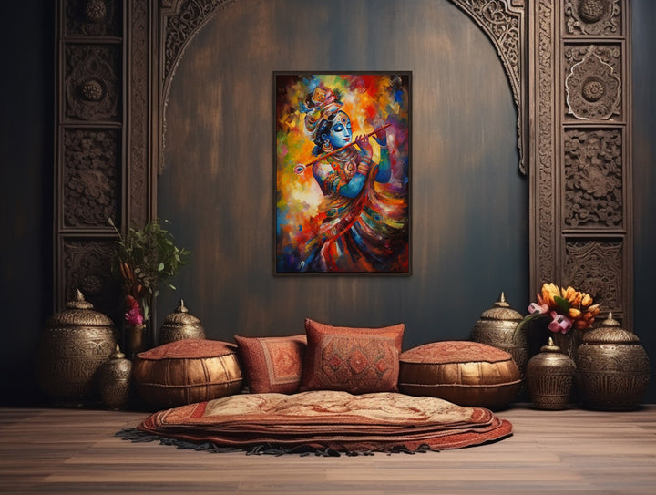 Lord Krishna Playing Flute Colorful Painting Indian Framed Canvas Wall Art