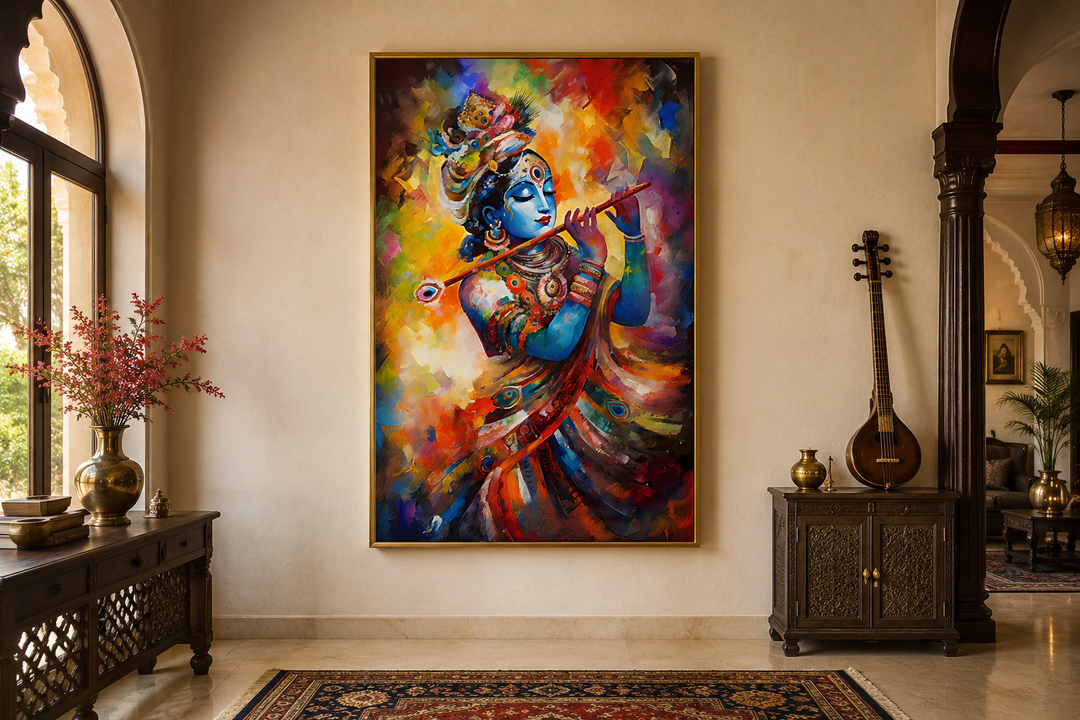 Lord Krishna playing flute colorful painting in a gold frame on a neutral wall in a home setting.
