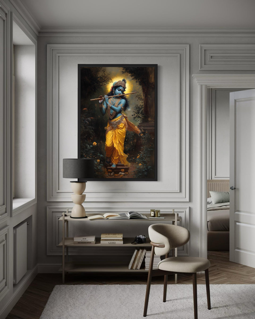 Lord Krishna playing flute in Vrindavan forest framed canvas wall art in a modern living room.