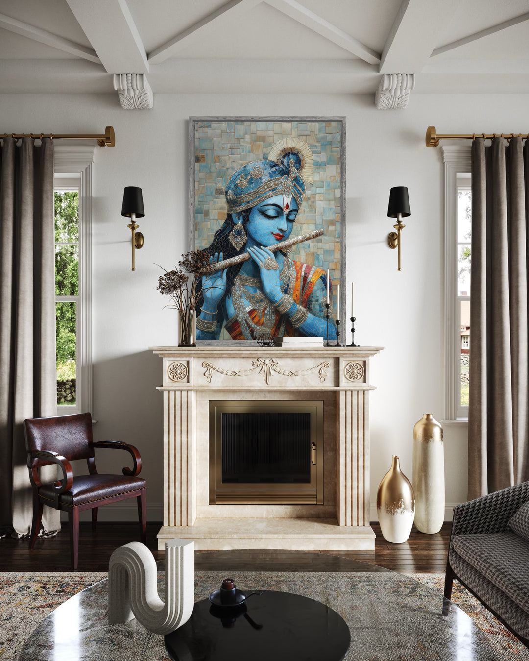 Lord Krishna Playing Flute Mosaic Painting Canvas Wall Art