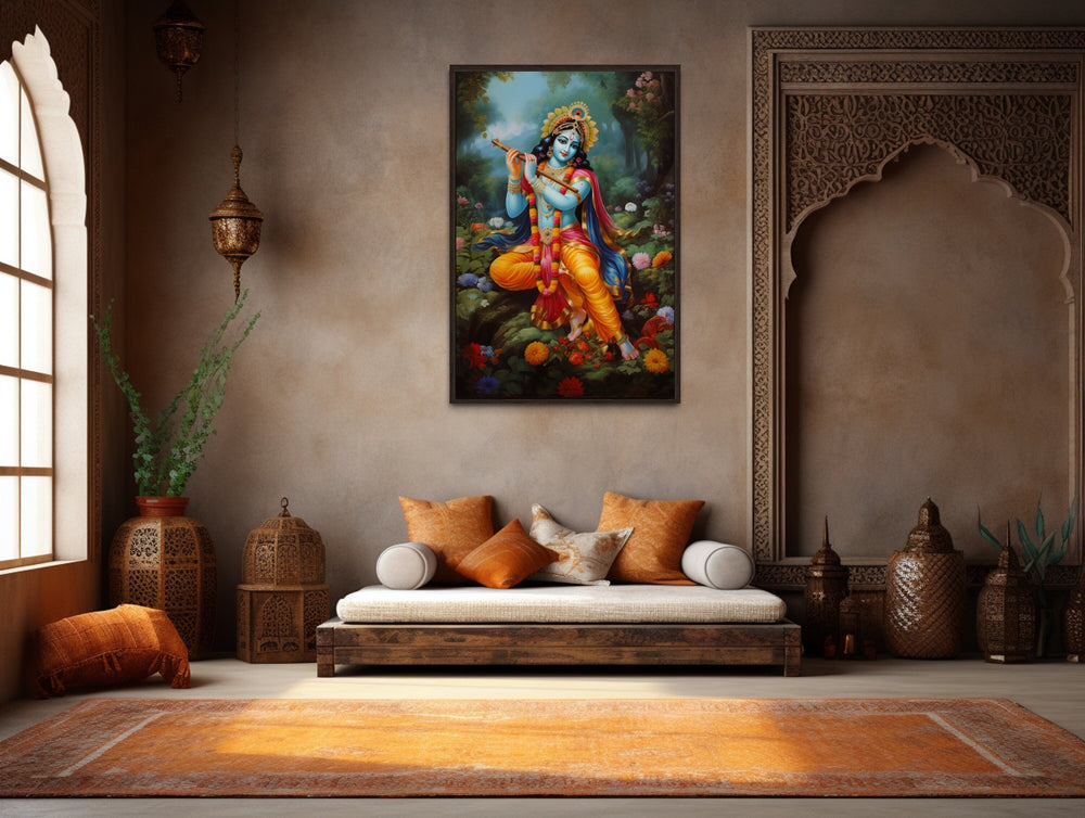 Lord Krishna Playing Flute in Vrindavan Forest Indian Framed Canvas Wall Art-Wall Decor Delights