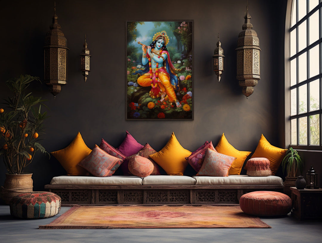 Lord Krishna Playing Flute in Vrindavan Forest Indian Framed Canvas Wall Art-Wall Decor Delights