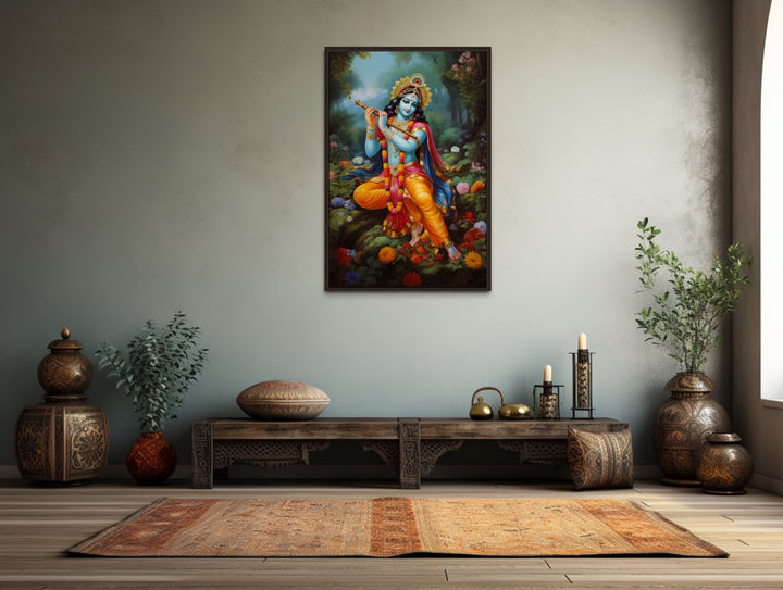 Lord Krishna Playing Flute in Vrindavan Forest Traditional Indian Framed Canvas Wall Art