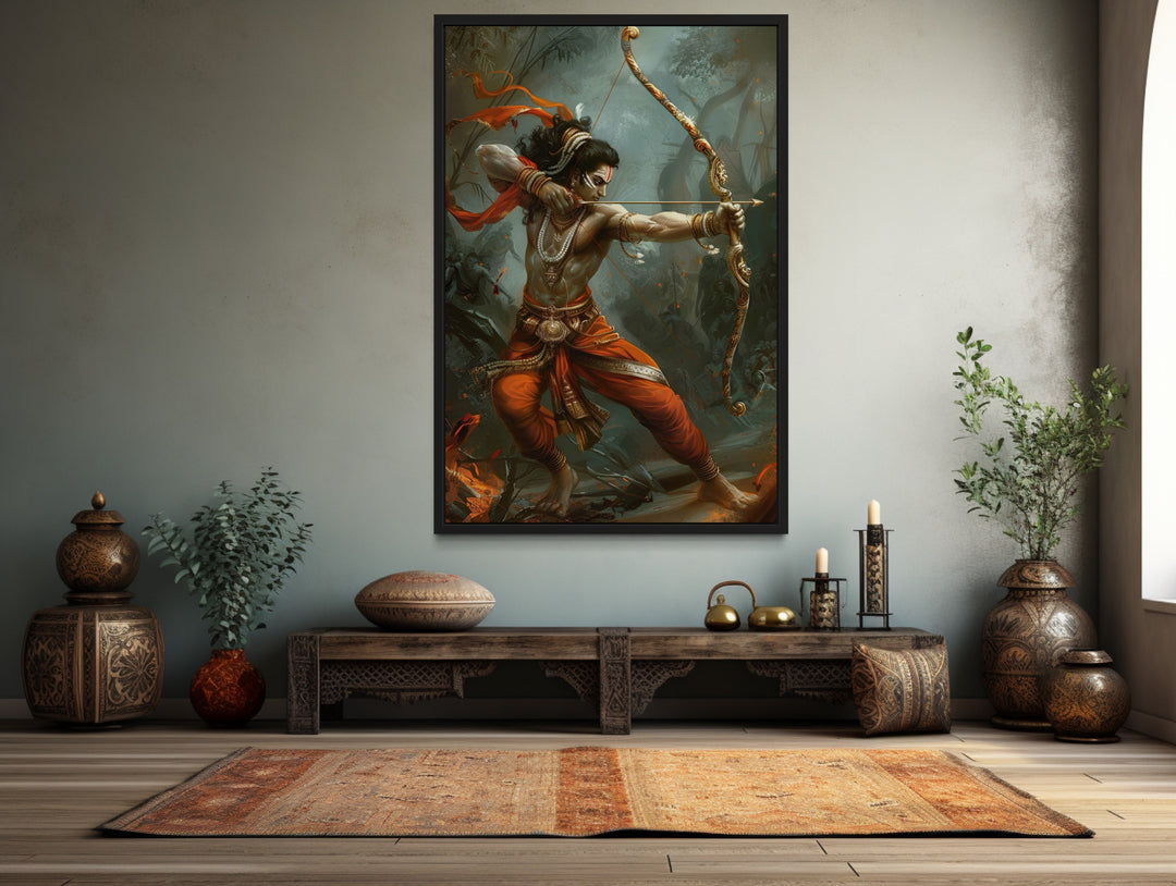 Lord Rama fighting demons with bow and arrow framed canvas wall art in a modern living room.