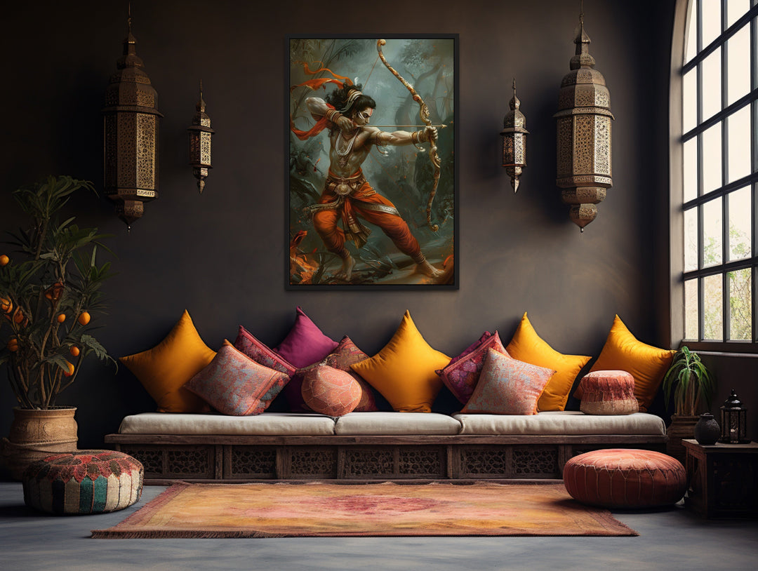 Lord Rama fighting demons with bow and arrow framed canvas wall art in a traditional living room.