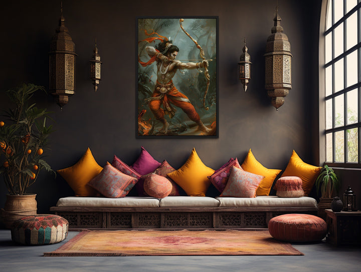Lord Rama fighting demons with bow and arrow framed canvas wall art in a traditional living room.