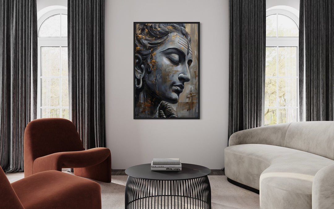 Lord Shiva abstract painting in a black frame, hanging in a modern living room with neutral decor.