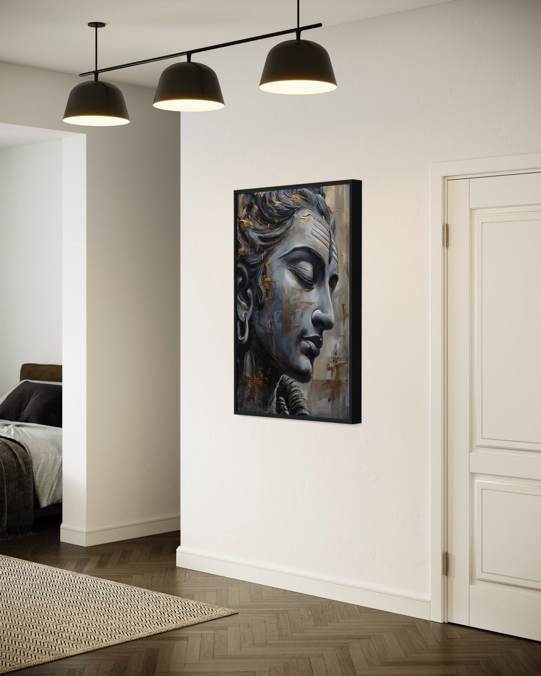 Lord Shiva abstract painting in a black frame on a white wall in a modern room.
