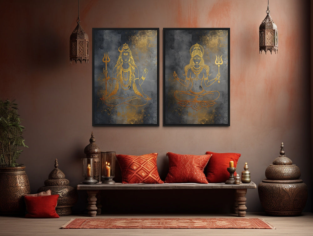 Lord Shiva And Parvati Minimalist Gold Silver Indian Framed Canvas Wall Art in indian room