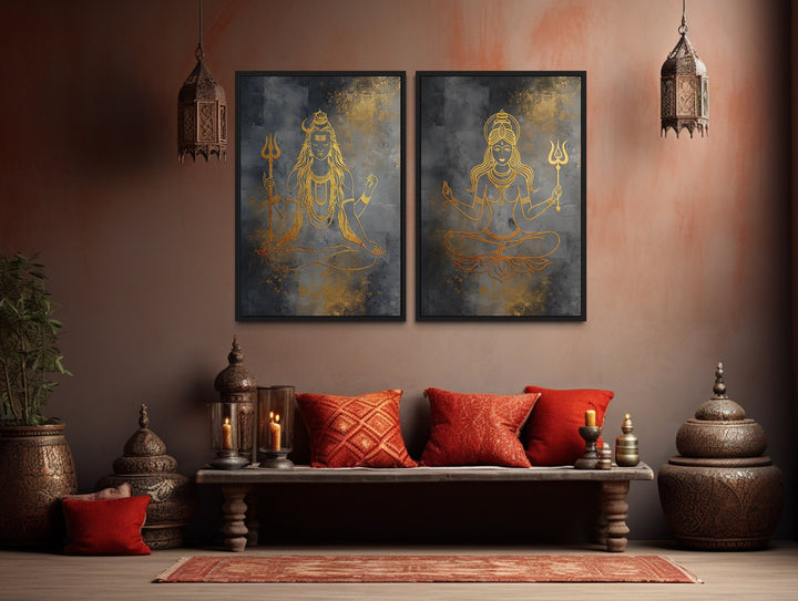 Lord Shiva And Parvati Minimalist Gold Silver Indian Framed Canvas Wall Art