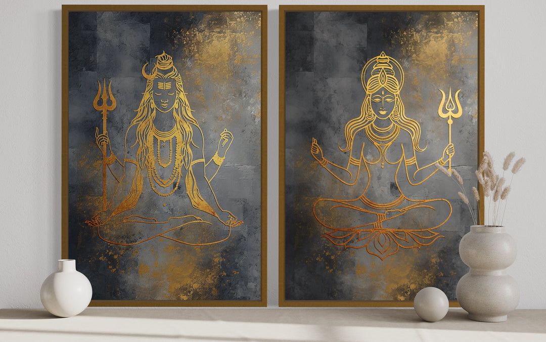 Lord Shiva And Parvati Minimalist Gold Silver Indian Framed Canvas Wall Art