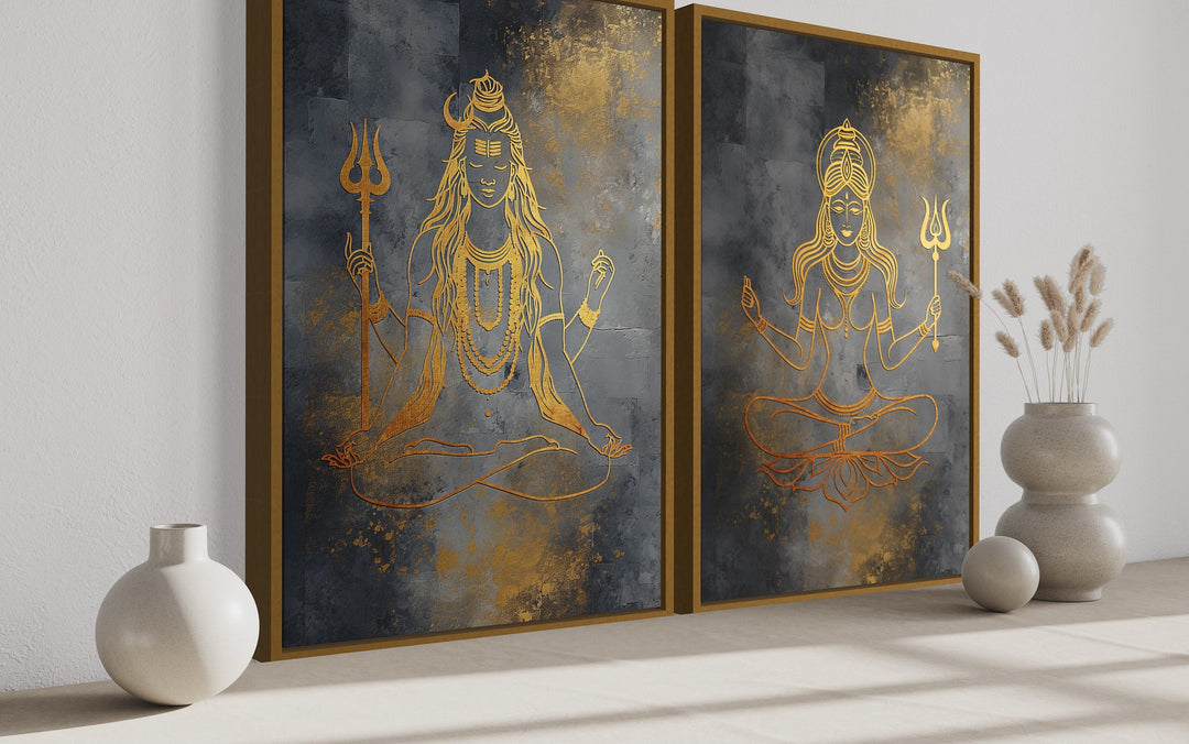 Lord Shiva And Parvati Minimalist Gold Silver Indian Framed Canvas Wall Art