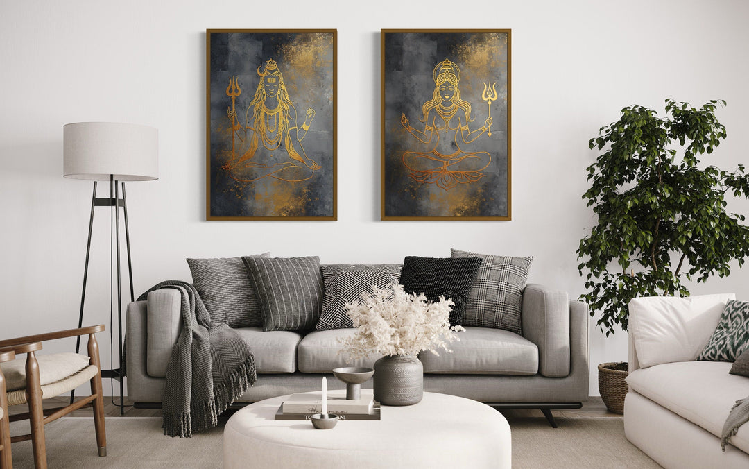 Lord Shiva And Parvati Minimalist Gold Silver Indian Framed Canvas Wall Art