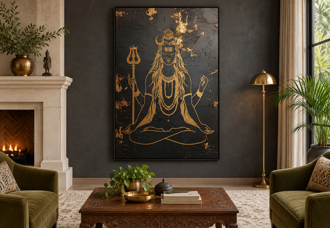 Minimalist Black Gold Lord Shiva Indian Framed Canvas Wall Art