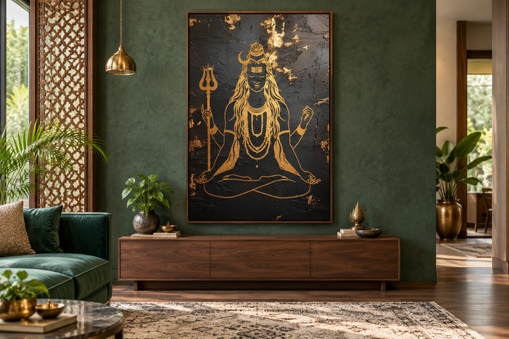 Minimalist Black Gold Lord Shiva Indian Framed Canvas Wall Art