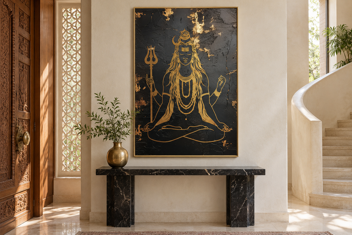 Minimalist Black Gold Lord Shiva Indian Framed Canvas Wall Art