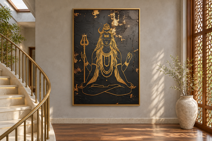 Minimalist Black Gold Lord Shiva Indian Framed Canvas Wall Art