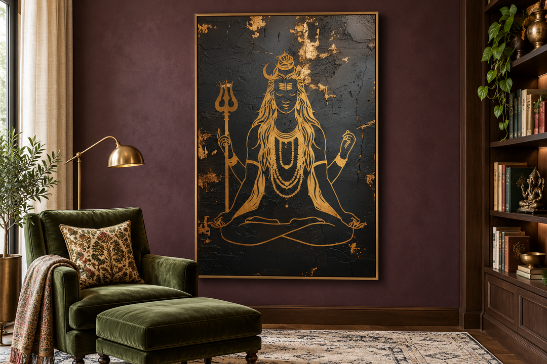 Minimalist Black Gold Lord Shiva Indian Framed Canvas Wall Art
