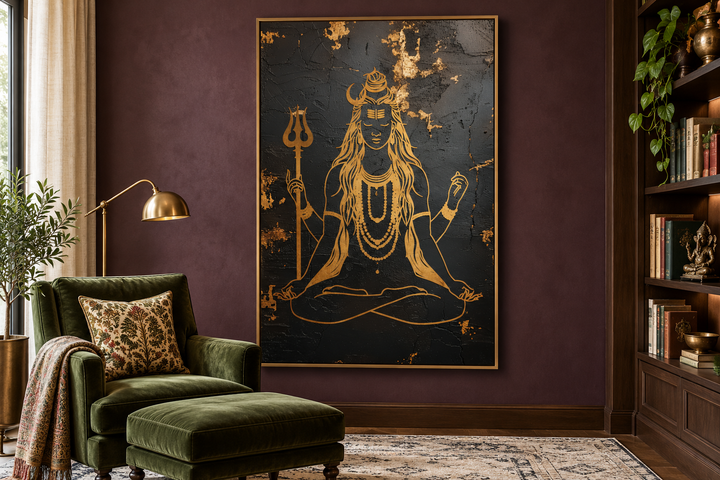Minimalist Black Gold Lord Shiva Indian Framed Canvas Wall Art