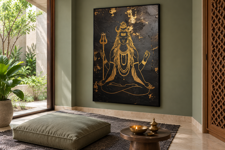 Minimalist Black Gold Lord Shiva Indian Framed Canvas Wall Art