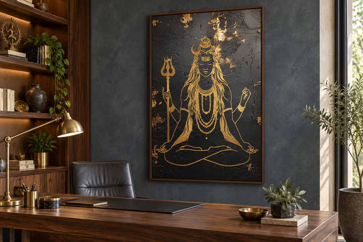 Minimalist Black Gold Lord Shiva Indian Framed Canvas Wall Art
