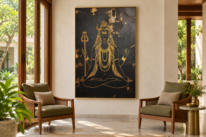 Minimalist Black Gold Lord Shiva Indian Framed Canvas Wall Art