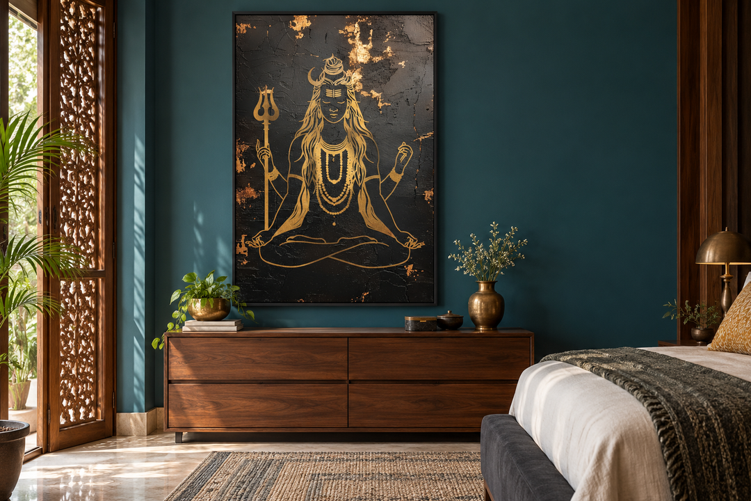 Minimalist Black Gold Lord Shiva Indian Framed Canvas Wall Art