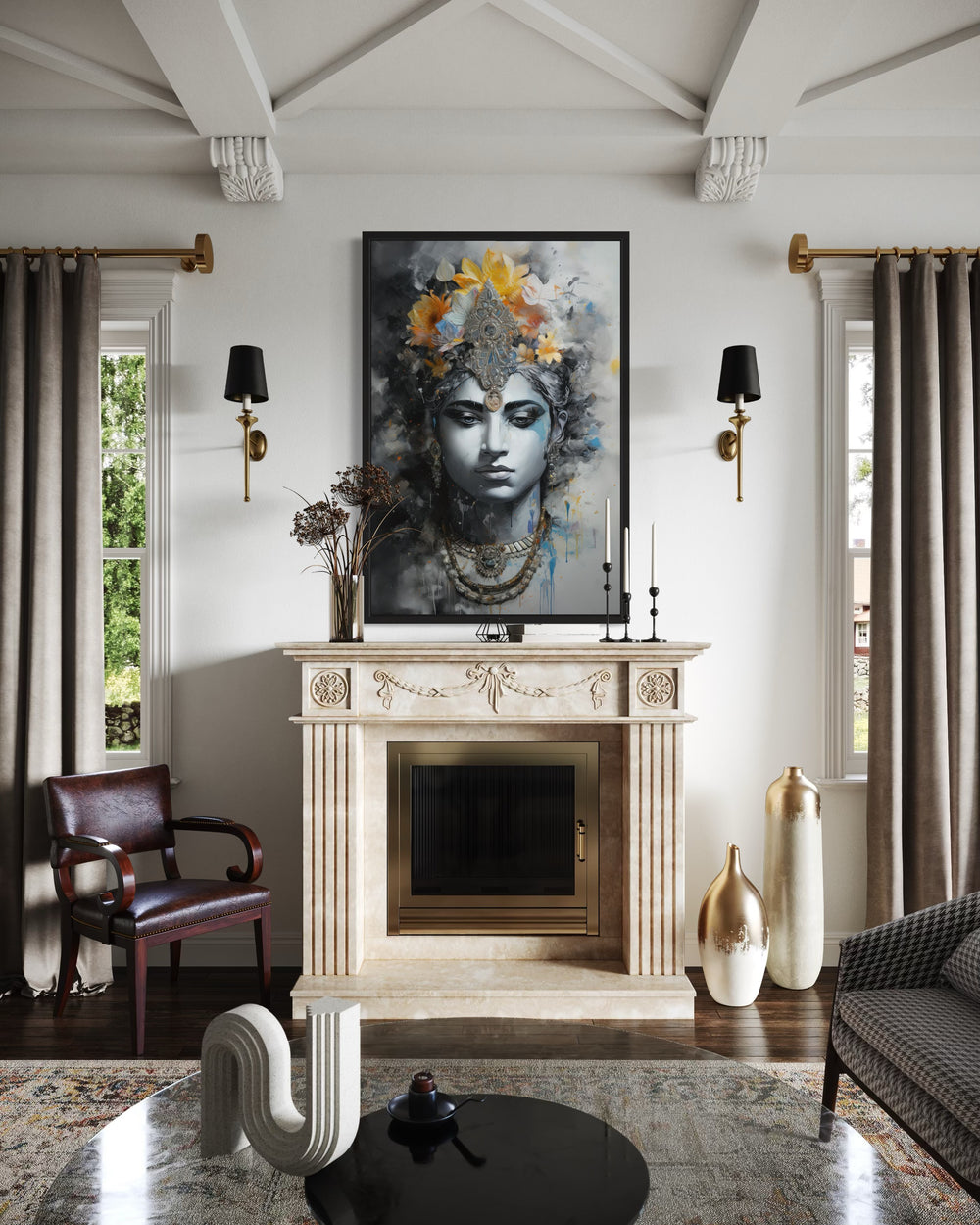 Lord Vishnu modern Indian framed canvas wall art displayed above a fireplace in a living room.